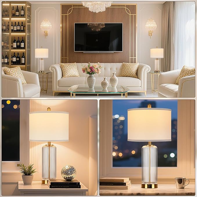 Table Lamps Set of 2 with Touch Control, 27" Modern Glass Bedside Lamps with USB A+C Ports, 3-Way Dimmable Nightstand Lamp with Vertical Grained Glass, Bedside Table Lamps, Desk Lamp for Bedroom - Bloomnest