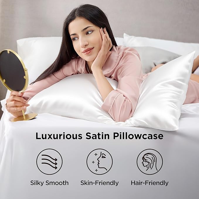 Bedsure Satin Pillowcase for Hair and Skin Queen - Pure White Silky Pillowcase Set of 4 with Envelope Closure, Similar to Silk Pillow Cases, Gifts for Women Men, 20x30 Inches - Bloomnest