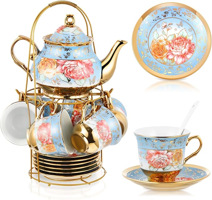 Zhehao 20 Pcs Porcelain Tea Set with Metal Holder and Spoon Adult Ceramic Tea Set European Flower Painting Teapot Cup Saucer Spoon for Women, Large Version(Simplicity Style) - Bloomnest