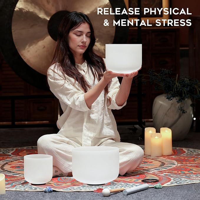 CVNC 440HZ 6"A+8"F+10"C Frosted Quartz Crystal Singing Bowl Chakra Set of 3 with Carry Case Bag - Bloomnest