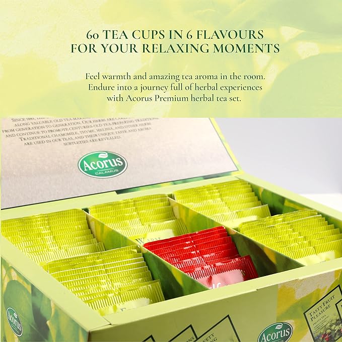 ACORUS Premium Tea Set - Natural Herbal Tea Variety Pack, Gift Set of 6 Different Teas, 60 Bags Individually Wrapped, Herbal Sampler Box - Bloomnest