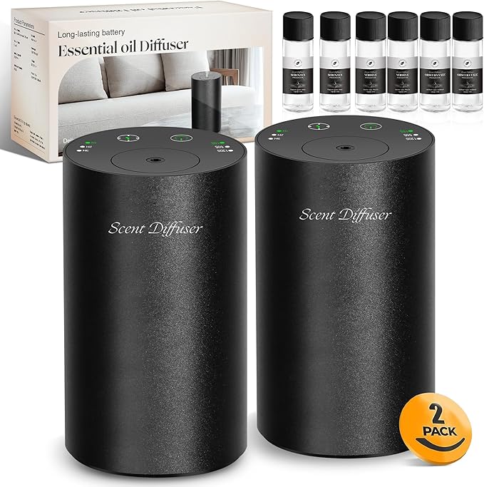 Waterless Essential Oil Diffuser Starter Kit - No Water Needed, Battery Operated Mini Scent Air Machine, Included 3x20ML Essential Oils, Portable Aromatherapy Diffuser for Home & Car, Black, 2Pack - Bloomnest
