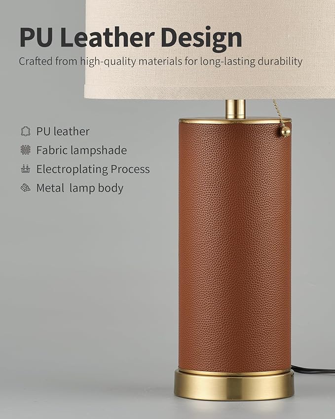 KDG 23.4" Brown PU Leather Table Lamps for Living Room Set of 2, 3 Level Brightness LED Modern Home Decor Fabric Lampshade Desk Lamp Lighitng for Bedroom, Bedside, Farmhouse, Nightstand, Night Light - Bloomnest