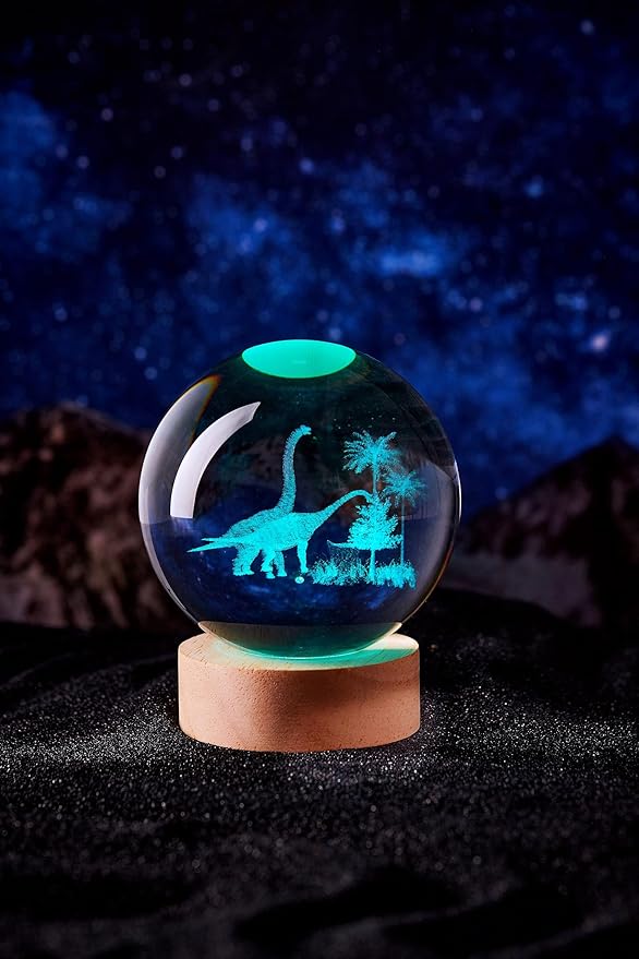 3D Large Dinosaur Crystal Ball Night Light with Wooden Base, Crystal Lamp Gift for Kids Wife Friends, 16 Color Changing with Remote Control, Laser Engraved 3.15 inch Glass Ball Lamp (Dinosaur) - Bloomnest
