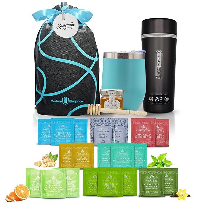 Tea Gift Set with Kettle – 26 -Piece Sampler for Women & Men, Insulated Mug, Assorted Organic Hrny & Sons Teas, Pure Honey & Accessories (Teal+Kettle - Hrny) - Bloomnest