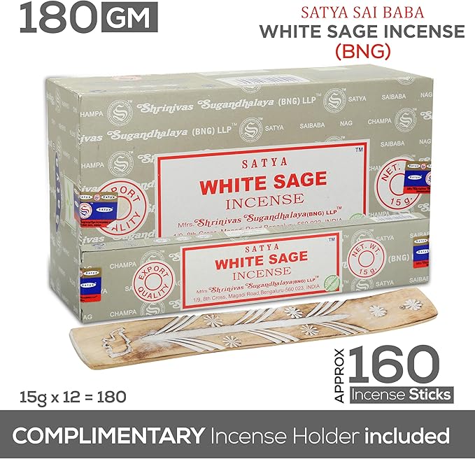 Satya Nag Champa White Sage Incense Sticks, SatyaBng (Bangalore) Insenses 15gmx12 Pack with Raajsee Insence Holder Bundle, Nag Champa Natural Incense - Bloomnest