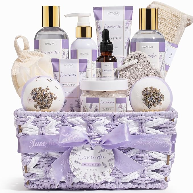Birthday Gifts for Women, Lavender Relaxing Spa Gift Baskets for Women Self Care Package Bath Gift Set, Home Bath and Body Kit Pamper Valentines Day Gifts for Her Womens Mom Friends Wife Girlfriend - Bloomnest