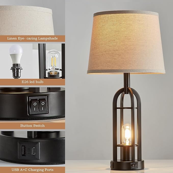 Black Table Lamps for Living Room Set of 2 - Farmhouse Lamps for Night Stands with USB A+C, Bedside Lamps for Bedroom, 24'' Industrial Lamp for Living Room End Tables - Bloomnest