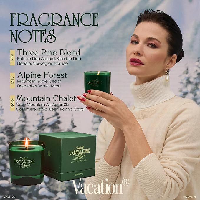 Royal Pine Deluxe Pine-Scented Candle by Vacation Sunscreen, Premium Soy-Blend Wax, 70-Hour Long Burning, Winter House Decor, Gift for Women & Men, 7 Oz. - Bloomnest