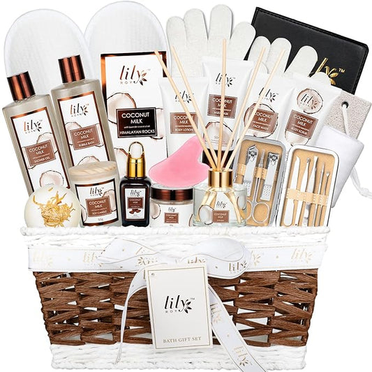 Valentines Day Gifts Coconut Vanilla Spa Gift Set for Women - Luxurious 28Piece Body Care Collection, Bath & Body Basket Gift Set for Mothers Day, Birthday, Christmas Gifts Self Care Gift