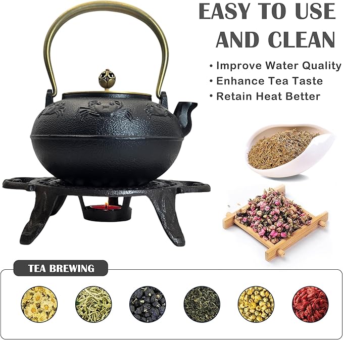 44oz Cast Iron Teapot Set with Tea Light Warmer, Durable Japanese Tetsubin Teapot for Stovetop, Asian Tea Kettle for Adults, Elegant Durable Tea Gift Set (1300ml) - Bloomnest