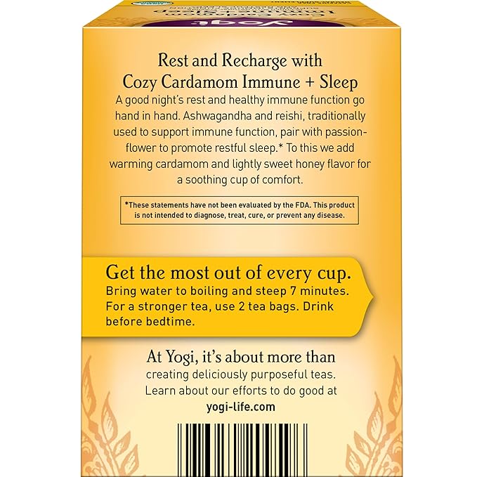 Yogi Tea Cozy Cardamom Immune & Sleep - Organic Herbal Tea for Immune System & Sleep Support - Includes Ashwagandha, Passionflower, Reishi & More - Caffeine-Free - 16 Tea Bags Per Pack (6 Packs) - Bloomnest