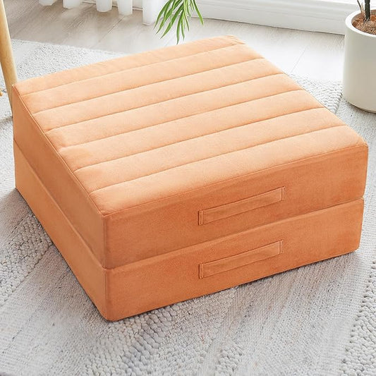 2 Pcs High Density Foam Floor Pillow - Upgraded Large Pillows Seating for Adults - Outdoor Floor Cushion with Soft Tufted Cover - Yoga Pillows for Sitting On Floor - 22 Inch Orange - Bloomnest