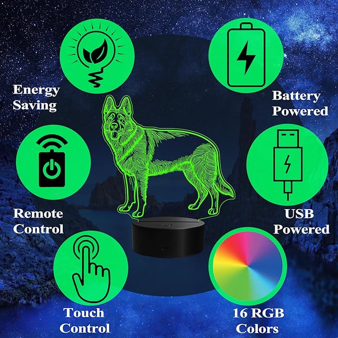 German Shepherd Night Light, German Shepherd Gifts, 3D Illusion Lamp with Remote Control, 16 RGB Colors, 4 Flashing Modes, Timer, Dimmable, Kids Room Dog Decoration for Holiday Birthday Christmas - Bloomnest