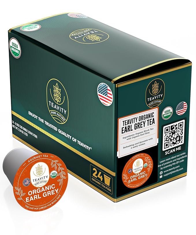 Organic Earl Grey Tea Pods for Keurig - Caffeinated Unsweet Black Tea for K Cup Brewing by Teavity (24 Tea Pods) - Bloomnest