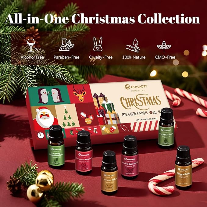 Fragrance Oil Christmas Set, Jingle Bells, Christmas Wreath, Xmax Tree, Gingerbread, Spice, Vanilla Bean Noel, Scents for Candle Soap Making Supplies, Essential Oil for Home - Bloomnest