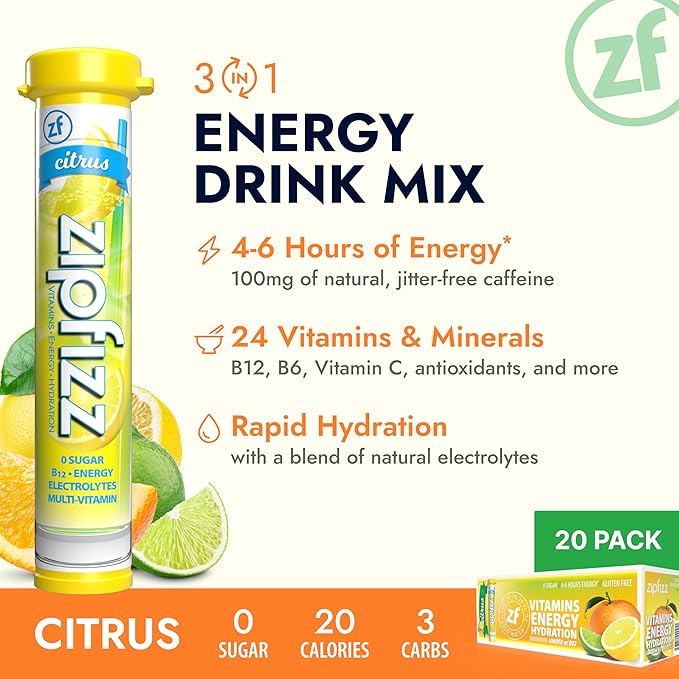 Zipfizz Daily Energy Drink Powder, Citrus, 20 Pack, 3-in-1 Sustained Energy, Rapid Hydration, and Essential Vitamins, Sugar-Free, Electrolyte Powder, Contains Vitamin B-12 & Antioxidants - Bloomnest