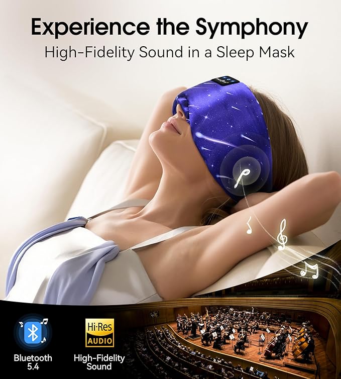 MUSICOZY Mulberry Silk Bluetooth Sleep Mask with HD Stereo Sound, Wireless Sleep Headband Headphones for Side Sleepers, Adjustable Size, Total Light Blocking, Perfect for Travel Relaxation Sleep - Bloomnest