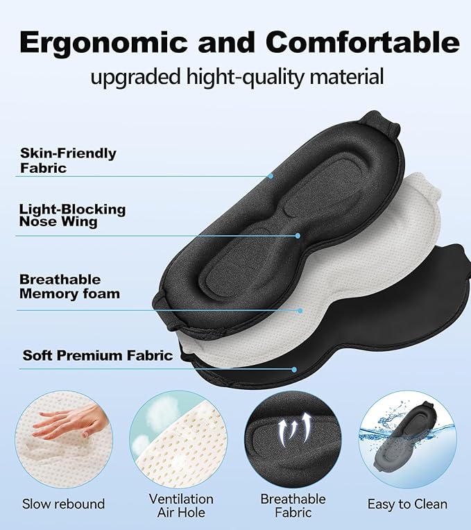 3D Contoured Sleep Mask, Light Blocking Eye Masks for Sleep, Breathable and Washable Sleeping Mask for Women Men, Adjustable Sleeping Eye Mask for Travel, Nap, Car and Office - Bloomnest