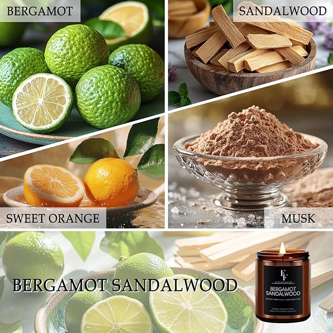 Bergamot Sandalwood Candle, Scented Candle for Home Soy Wax Candle, Aromatherapy Candle Gift for Women Men, 7oz - Bloomnest