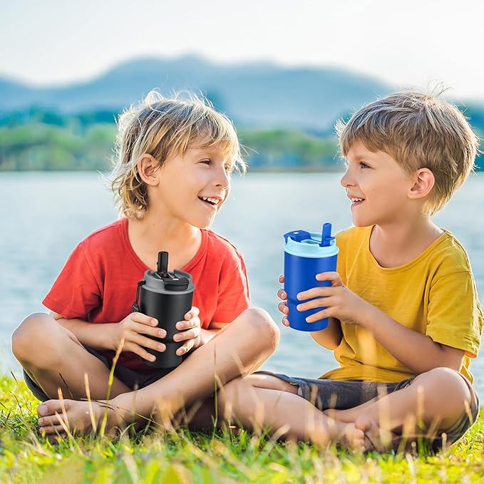13.5oz Kids Insulated Tumbler with Lid and Straw, BPA-Free Stainless Steel Kids Water Bottle, Leak-Proof& Cupholder Friendly Tumbler for Boys & Girls -2 Pack(Blue+Black) - Bloomnest