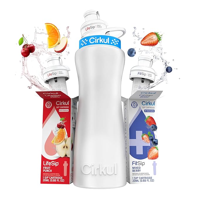 Cirkul 22oz. White Stainless Steel Water Bottle Starter Kit with Blue Lid, 2 Flavor Cartridges (1 LifeSip Fruit Punch and 1 FitSip Mixed Berry) No Sugar, Zero Calorie Drink Mix Cirkul