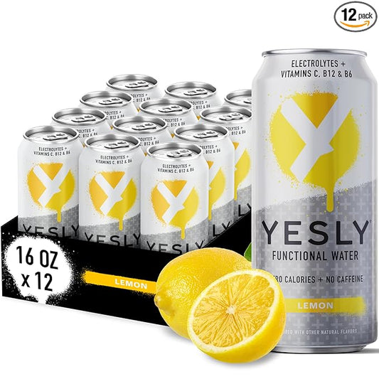Yesly Functional Water, Lemon, Naturally Flavored Still Water with Electrolytes, Magnesium, Potassium, Vitamin C, B6 & B12, Zero Sugar, No Artificial Sweeteners, Caffeine Free, 16 Fl Oz Cans, 12 Pack