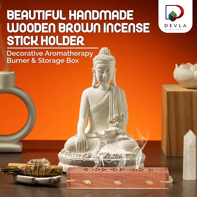 DEVLA Beautiful Handmade Wooden Brown Incense Stick Holder Burner Storage Coffin Box - Ash Catcher with Brass Inlay Good for Peace and Your Mental Health 12x2.5x2.5 inch - Bloomnest