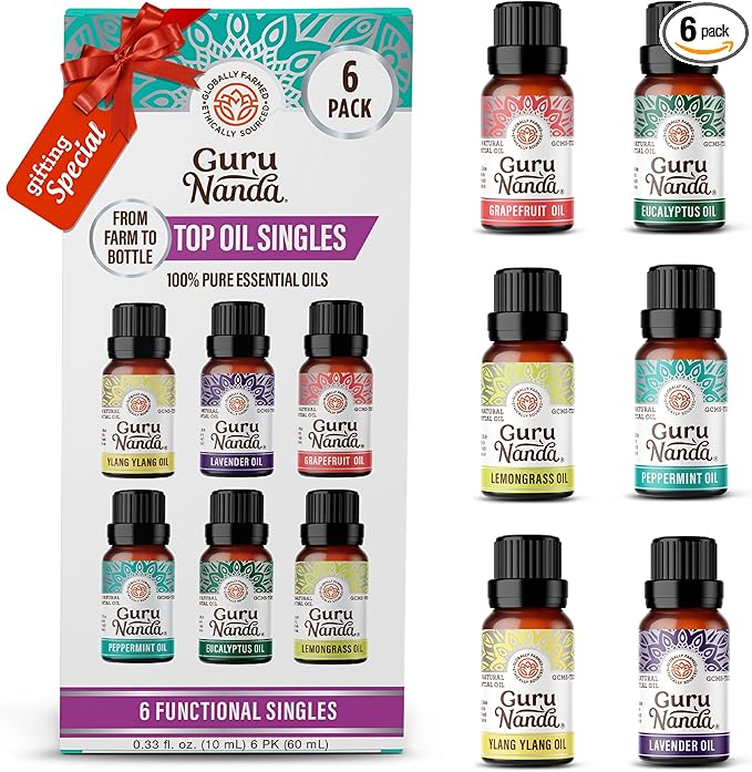 GuruNanda Essential Oils Set for Diffusers, 100% Pure, Aromatherapy, Massage, Candle & Soap Making Lavender, Peppermint, Eucalyptus, Grapefruit, Lemongrass, Ylang Ylang 0.33 Fl Oz (Pack of 6) - Bloomnest