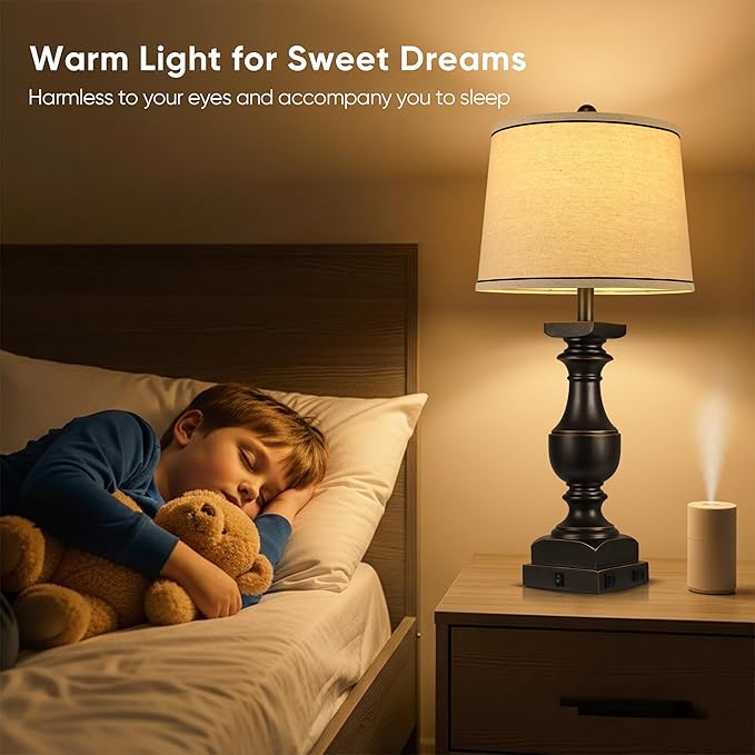 28'' Farmhouse Bedside Lamps Set of 2, Black Gold Table Lamps for Nightstand, Desk Lamps with Linen Shades, Table Lamps with USB A+C Port, Nightstand Lamps for Bedroom, Rocker Switch, Bulb Included - Bloomnest