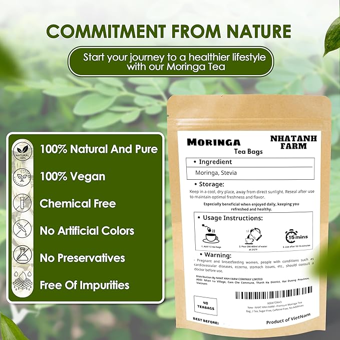 NHAT ANH FARM - Premium Moringa Tea Bags, 40 Tea Bags, 100% Natural Dried Moringa Leaves, Naturally Sweet Herbal Tea, Sugar-Free, Caffeine-Free, No Additives - Bloomnest