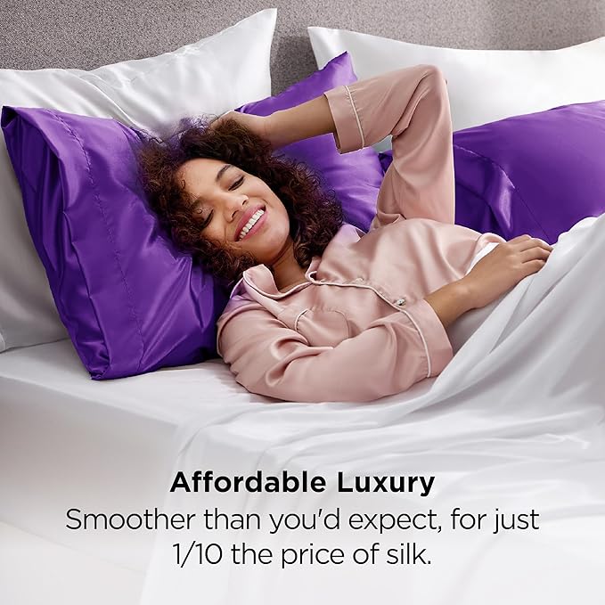 Bedsure Satin Pillowcase 2 Pack Similar to Silk Pillow Cases Standard Size, Pillow Case for Sleeping Women with Envelope Closure, Gifts for Women Men, Purple, 20x26 Inches, 2pcs - Bloomnest