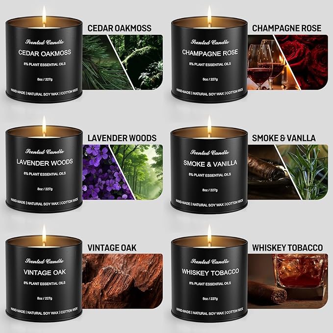 Men Scented Candle Set | Gifts for Men Aromatherapy Candles | 6 Pack Fragrances Black Tin Jar Candles | Scented Candle for Home,Work,Party | Manly Soy Candle Gifts for Boyfriend,Farther and Christmas - Bloomnest