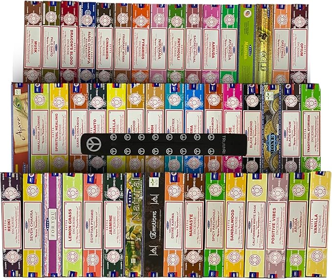 Satya Incense Sticks Variety Pack of 12 Randomly Selected Fragrances and Incense Stick Holder Bundle Total 180 Sticks TRUMIRI