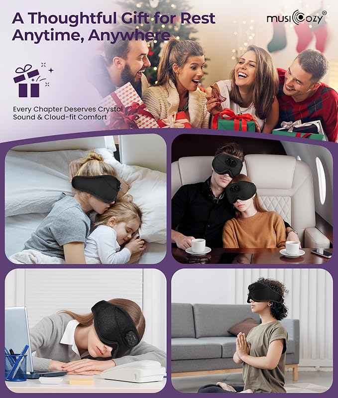 MUSICOZY 3D Bluetooth Sleep Mask with Headphones and Timer, Wireless Sleep Headphones for Side Sleepers, Eye Mask with Bluetooth Headphone, Black