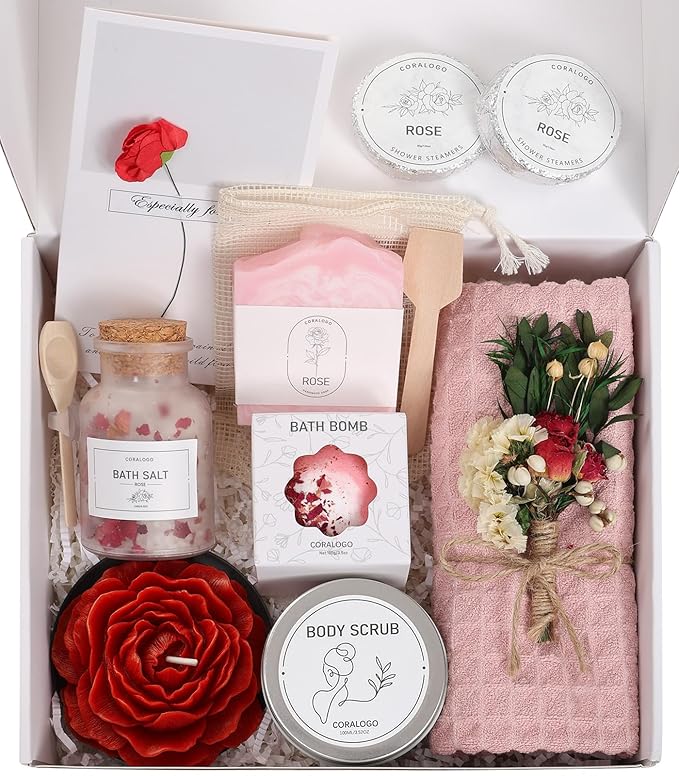 Coralogo Rose Spa Gifts for Women - 12pc Self-care Spa Gift Basket with Scented Candle, Bath Salt, Greeting Card - Thinking of You Basket for Her Birthday, Christmas, Mother's Day, Valentine's Day - Bloomnest