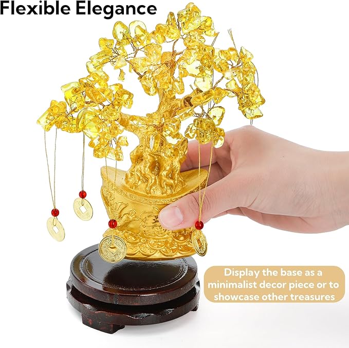 9 Piece Citrine Money Tree, 7" Small Yellow Crystal Bonsai with Yuanbao Pot & Coins, Chinese Style Lucky Money Plant Decor with Red Tassels & Wood Base for Wealth, Prosperity, Home Office Desk - Bloomnest