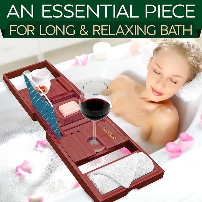 SereneLife Premium Bathtub Tray Caddy with Gift Box and Bow Set, Expandable Bath Tray, Unique House Warming Gifts for Mom, Women, Wedding, Anniversary, Bridal Shower, Fit for All Tub - Stain Brown - Bloomnest