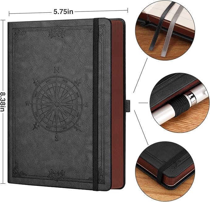 AHGXG Thick Journal Blank Notebook for Men - 320 Numbered Pages A5 Notebook for Writing, 100gsm Plain Paper, Vintage Leather Hardcover, for Women Work Office School, 5.75'' X 8.38''- Black - Bloomnest