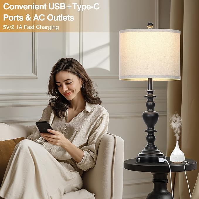 27" Farmhouse Vintage Lamps Set of 2 with USB C+A Charging Ports, Black Rustic Touch Control Table Lamp for Living Room, 3-Way Dimmable Traditional Nightstand Bedside Lamp Linen Washed for Bedroom - Bloomnest