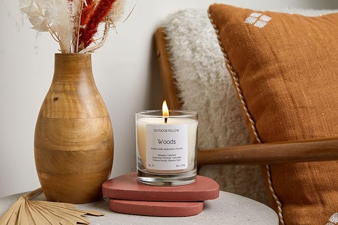 Outdoor Fellow Woods Scented Candle, 8oz, Coconut & Apricot Wax Blend, Mahogany, Cashmere, Patchouli, Tonka Bean, 40-50 Hour Burn Time, Earthy Home Fragrance - Bloomnest