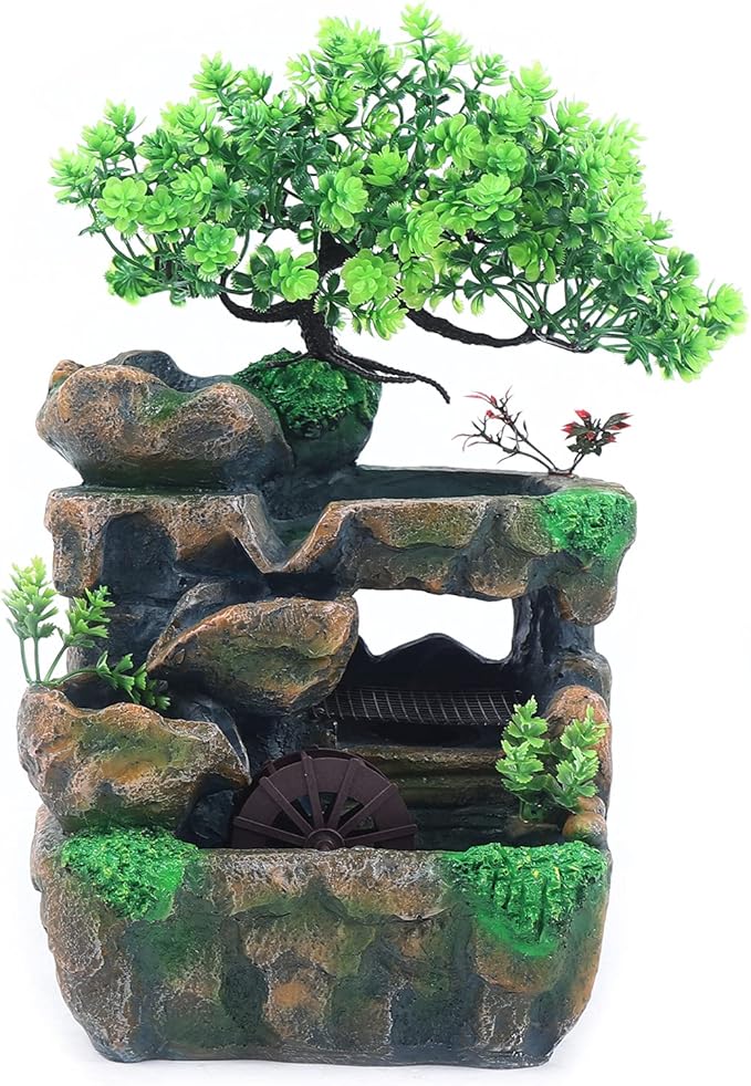 110V Small Rockery Water Fountain Indoor Desktop Resin Waterfall Fountain with LED Lights, Desktop Fountain Waterfall with Rockery, Desktop Ornament for Living Room, Office Decoration