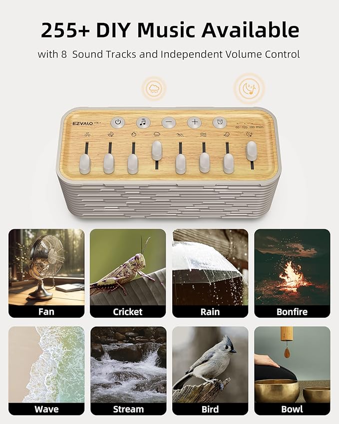 EZVALO White Noise Sleep Sound Machine, 255+ Mixer Options with Portable Speaker, Night Light, Sleep Timer, Breath Therapy, White Noise Machine for Adults Sleeping Meditation with Light - Bloomnest
