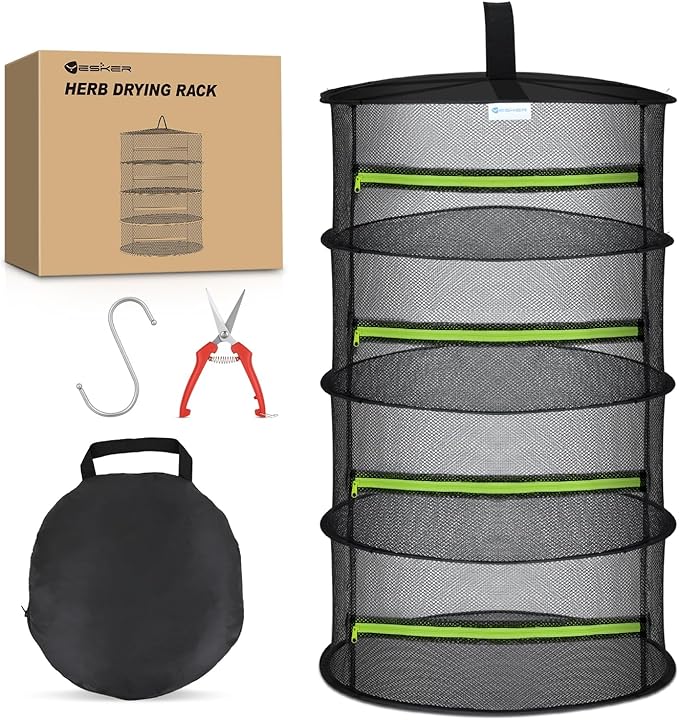 Yesker 4 Layer Herb Drying Rack Hanging Mesh Net Foldable Plant Drying Racks 24" w Green Zipper Pruning Shears Hook Dryer Hanging Rack for Herbs Seed Bud Fruit Clothes Grow Tent Closets Garden Outdoor - Bloomnest