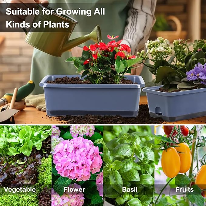 Window Box Planter 6 Pcs, 18 Inches Rectangle Flower Pots with Drainage Holes and Trays, Vegetable Planters for Windowsill Patio Garden Balcony Home Porch Yard Indoor Outdoor (Grey, 18*10*6 inch) - Bloomnest