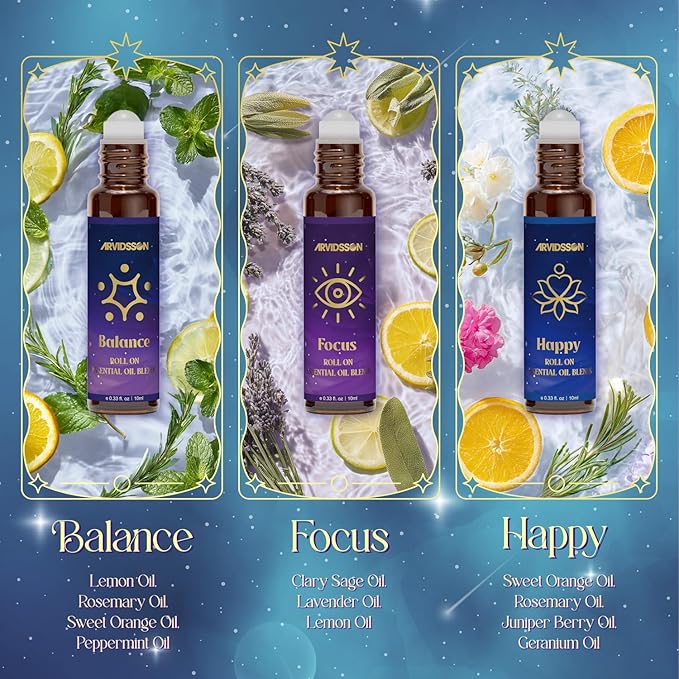 ARVIDSSON Essential Oils Roll On Set, Natural Self Care Essential Oil Blends Gift for Women - Sweet Dream, Unwind, Breahte, Balance, Focus, Happy, Aromatherapy Oil Roller for Body, Massage ARVIDSSON