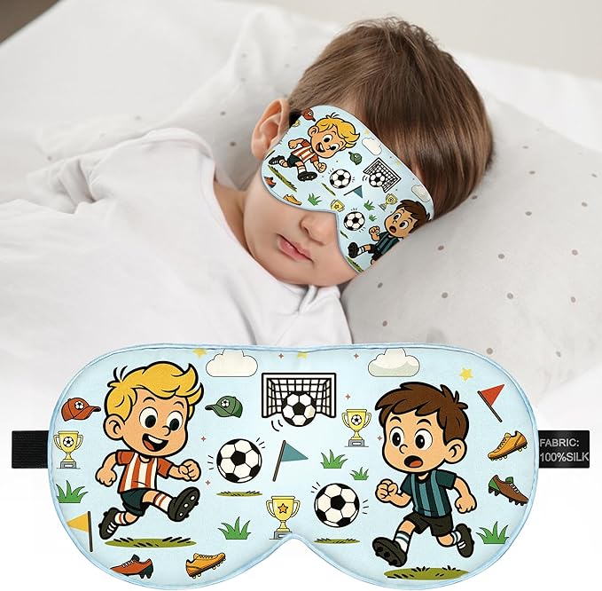 Kids Sleep Mask – 100% Mulberry Silk Eye Mask with Adjustable Strap, Soft Light Blocking Sleeping Mask for Children, Cute Printed Eye Cover for Boys Girls Ages 5-15 (Soccer Style) - Bloomnest