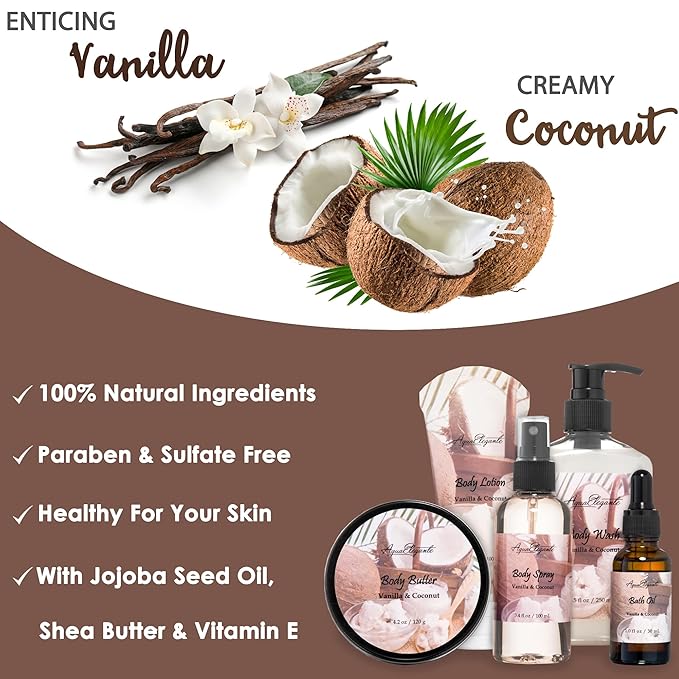 Bath Spa Gift Sets - Luxury Basket With Coconut & Vanilla - Spa Kit Includes Wash, Bubble Bath, Lotion, Bath Salts, Body Scrub, Shower Puff, Bathbombs, Soap and Towel - Bloomnest