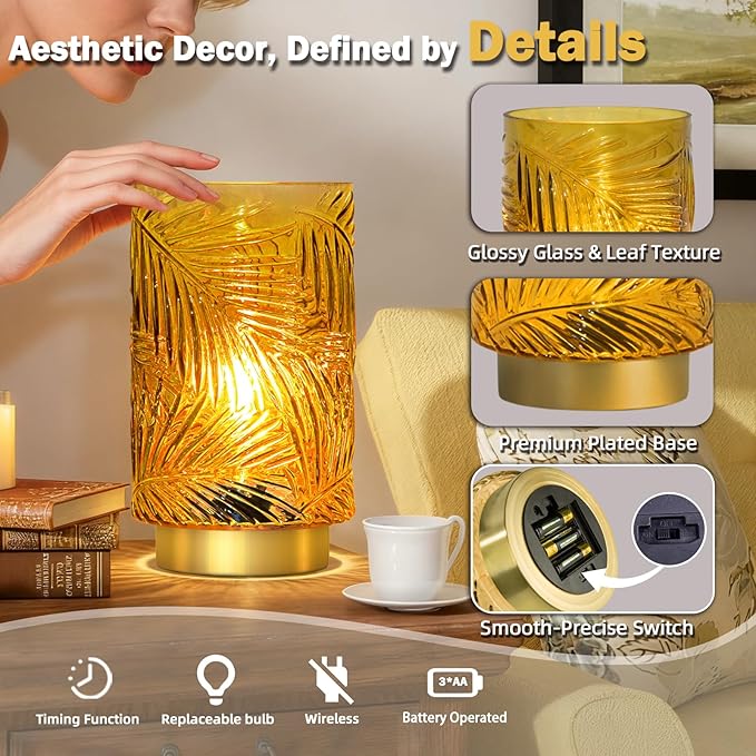 Battery Operated Table Lamp, Cordless Lamps for Home Decor, Battery Powered Nightlight with LED Bulb with Timer, Decorative Lights for Living Room Bedroom Tabletop Entryway Centerpiece Gift (L Yellow) - Bloomnest