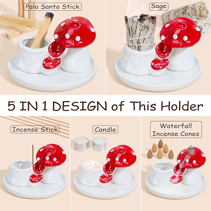 ZenBless 5 in 1 Mushroom Gifts Waterfall Incense and Candle Burner for Burning Sage, Palo Santo, Incense Sticks Backflow Cones,Candle Ceramic Backflow Cone Holder Spiritual Meditation Yoga ZenBless